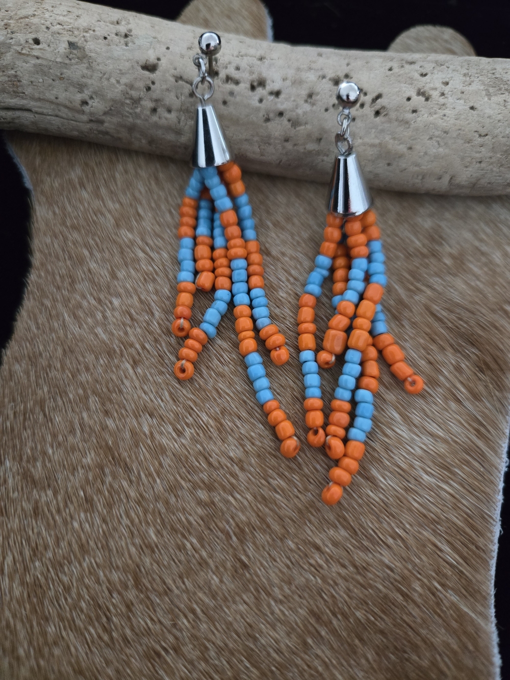 Boho Chic Orange & Turquoise Color Bead Fringe Drop Earrings - Unbranded
